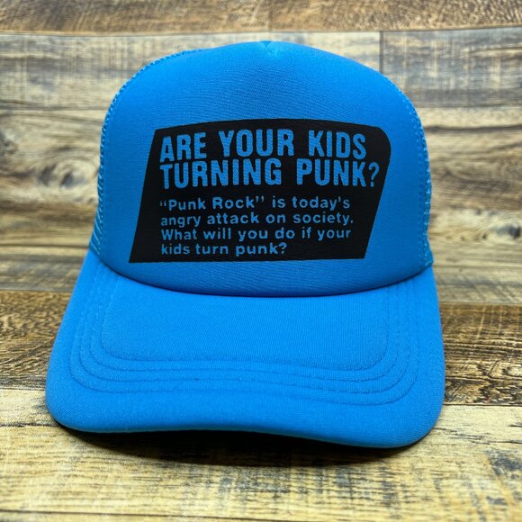 Are Your Kids Turning Punk Mens Trucker Hat Blue Snapback Old Ad Retro Ball Cap - Picture 2 of 8